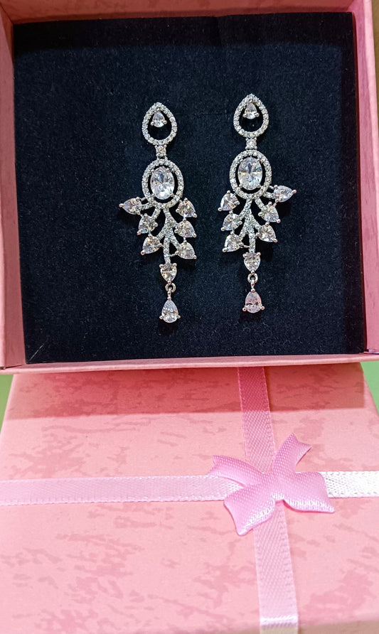 Silver Cz Teardrop Crystal Chandelier American Diamond Earrings