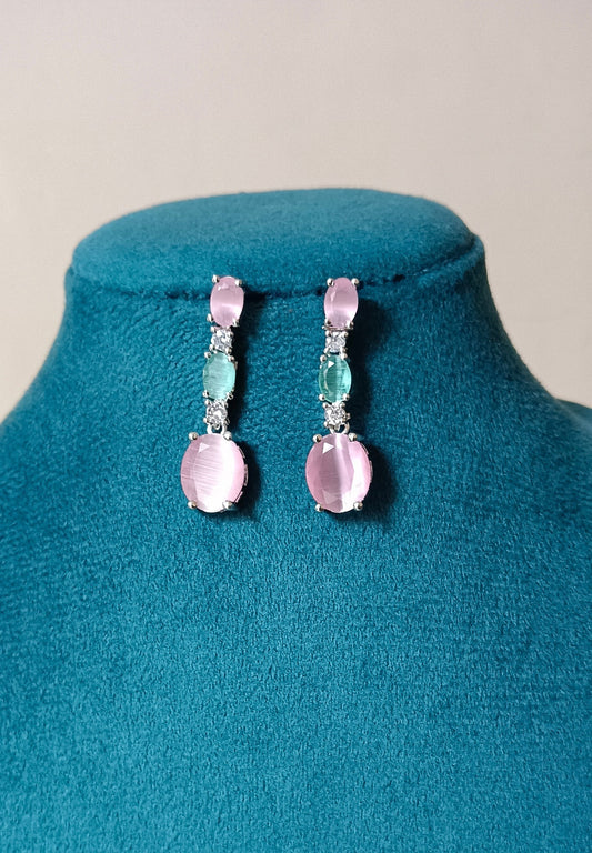 Pink and Mint Green Drop Shaped American Diamond Triple Stone Dangler Earrings