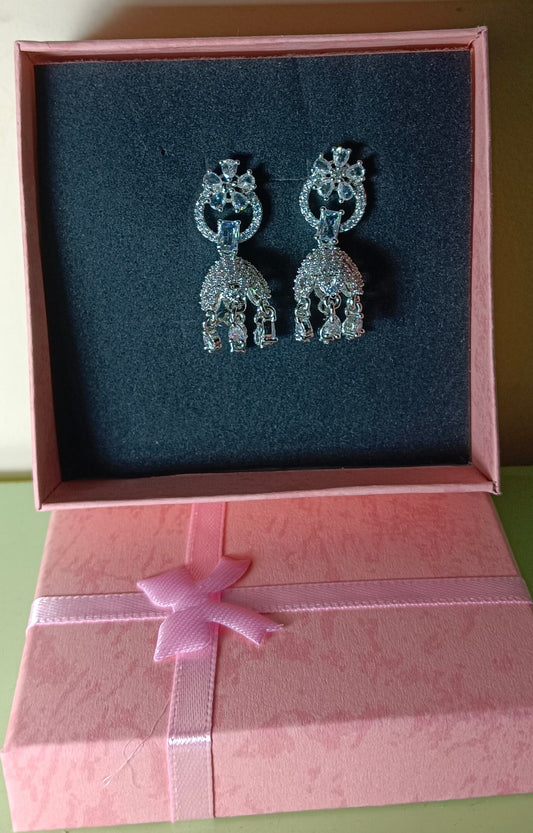 Silver Plated AD Jhumka with White Studded Stone Earrings