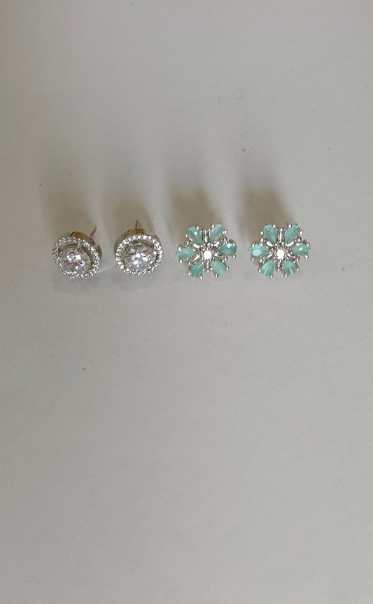 Pack of 2 Stud AD Earrings with Cz Alloy white Stud and mint green floral stud