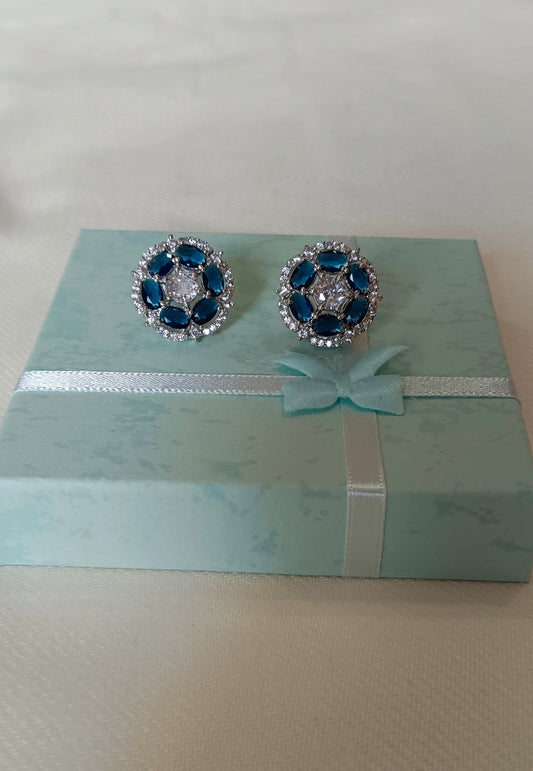 American Diamond Silver Toned Floral Design Stud Earrings