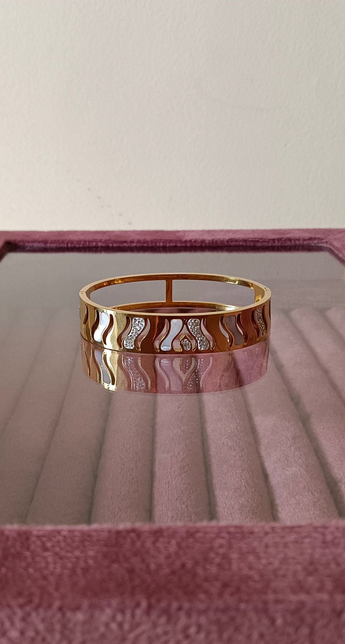 Gold Plated Bangle Style Cuff Bracelet with Crystal and White Stones