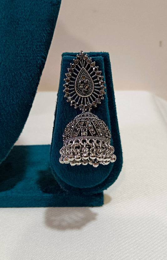 Oxidized Stone Studded Drop Earrings