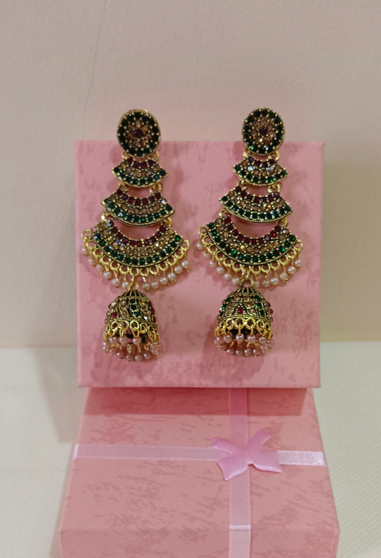 Red & Green Tradional Kundan Jhumki Earrings