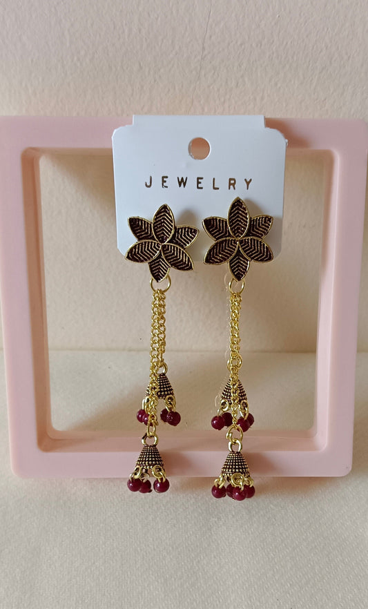 Pack of 2 Oxidized Silver Peacock 3 layer dangling Black Jhumka and Gold Toned Red Sui Dhaga Style Jhumki Earrings