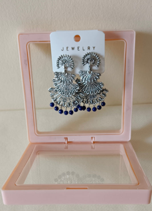 Pack of 2 Oxidized Silver Peacock 3 layer dangling Blue Jhumka and Gold Toned White Sui Dhaga Style Jhumki Earrings