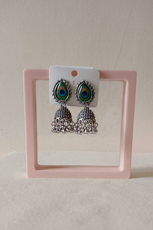 Pack of 2 Oxidized Silver Sui Dhaga Style Jhumki and Peacock Jhumka Earrings