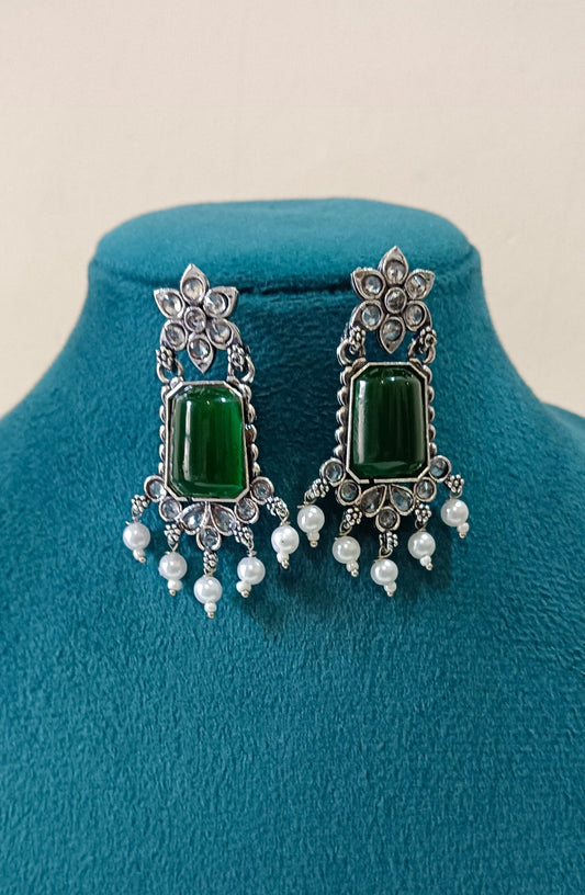 Oxidized Silver Toned Drop Earrings with Floral Top and Square Green Centerpiece
