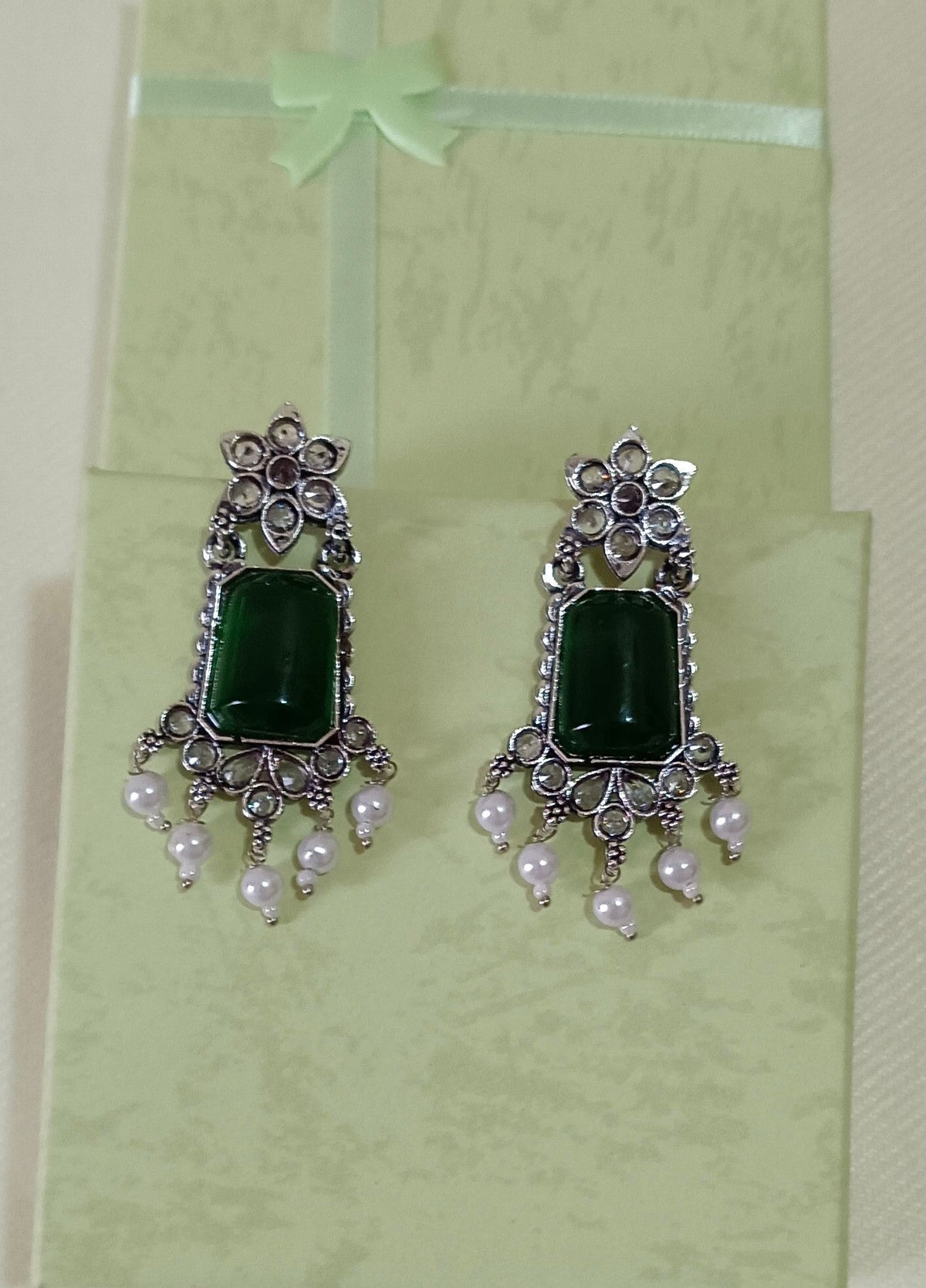 Oxidized Silver Toned Drop Earrings with Floral Top and Square Green Centerpiece