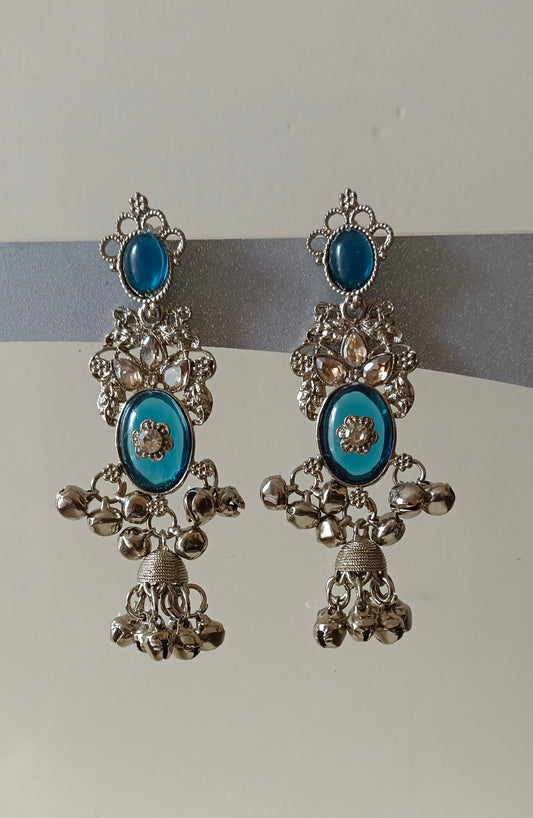 Kundan Studded Blue Brass Sea Luxury Jhumka Earrings
