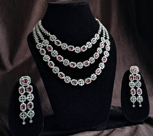 Alloy Rhodium Ruby Red Jewel 3-Layer Necklace Set