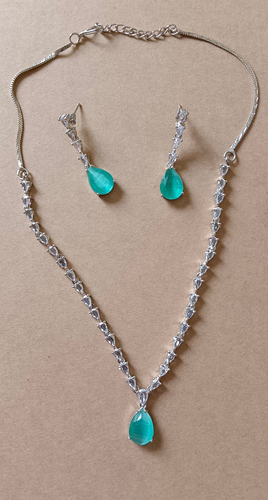 Silver Plated Mint Green AD Jewellery Necklace Set