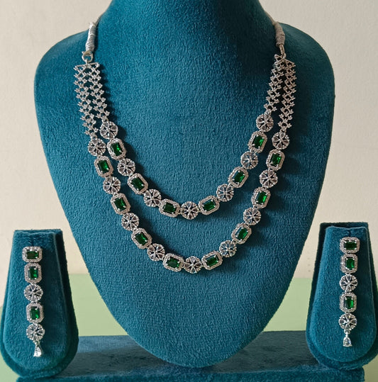 AD Double Layer Floral Green Stone Necklace Set