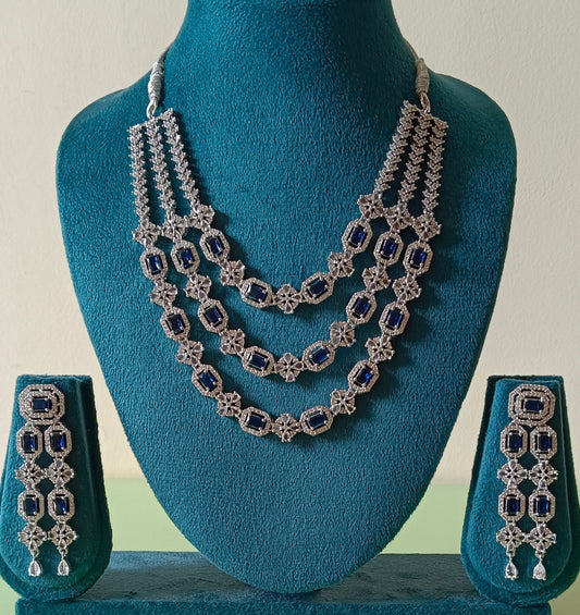 AD Triple Layer Floral Blue Necklace Set