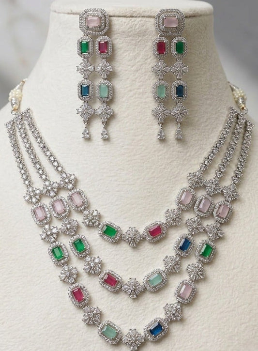 AD Triple Layer Floral Multi Colour Premium Necklace Set