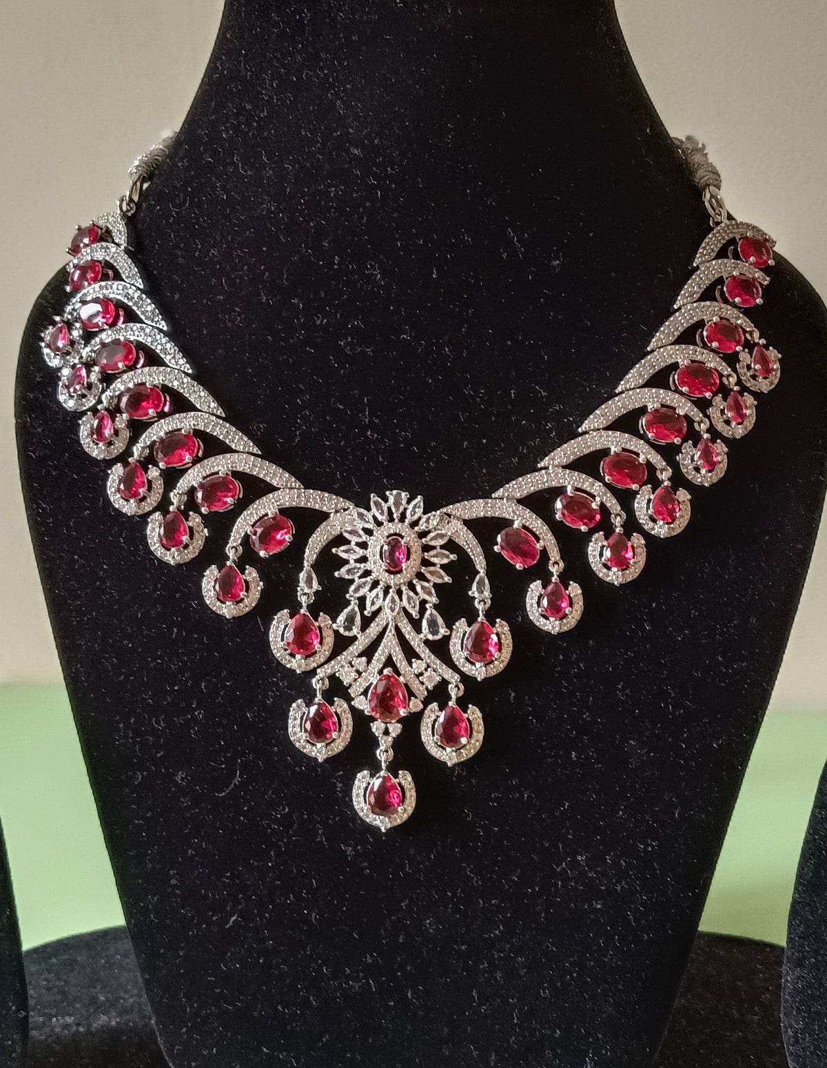 Rhodium Plated American Diamond Premium Ruby Necklace Set