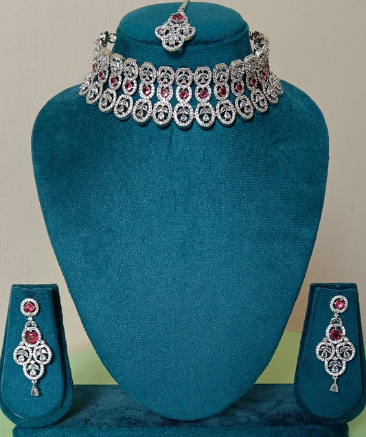 AD Red Stone Studded Premium Quality Choker Necklace Set