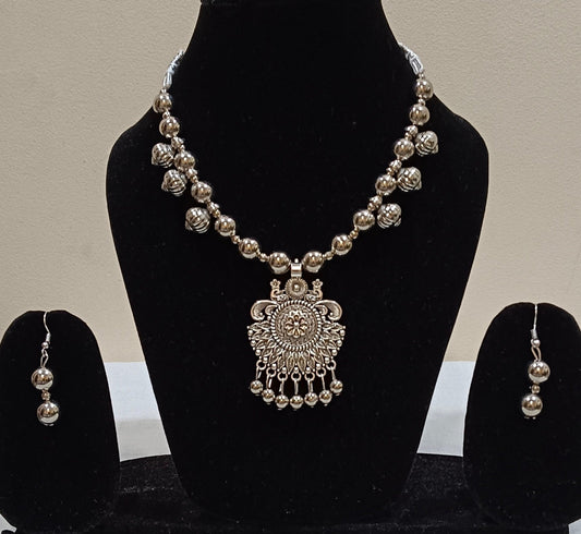 Pack of 2 Oxidized Silver Mandala Sun and Flower Design Necklace Set