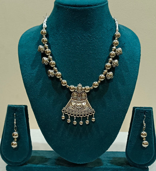 Pack of 2 Oxidized Silver Mandala Tri-Pendant and Circular Design Necklace Set