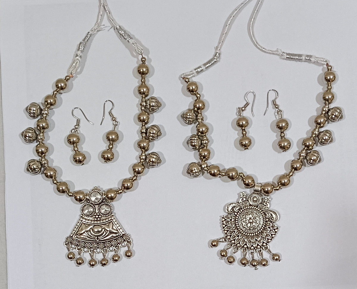 Pack of 2 Oxidized Silver Mandala Tri-Pendant and Flower Design Necklace Set
