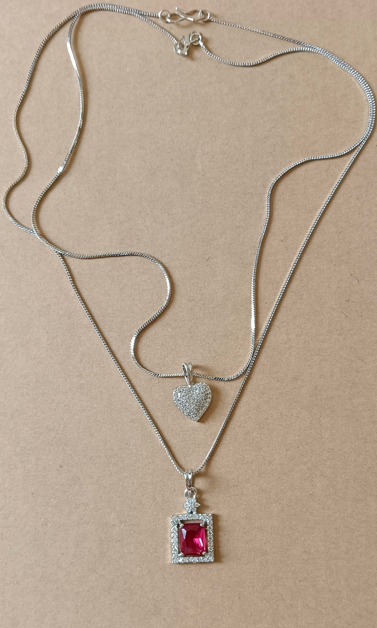 Pack of 2 Pendant Chains with 1 Silver Plated AD Studded Red Pendant and 1 Diamond Heart Shaped Pendant Chain
