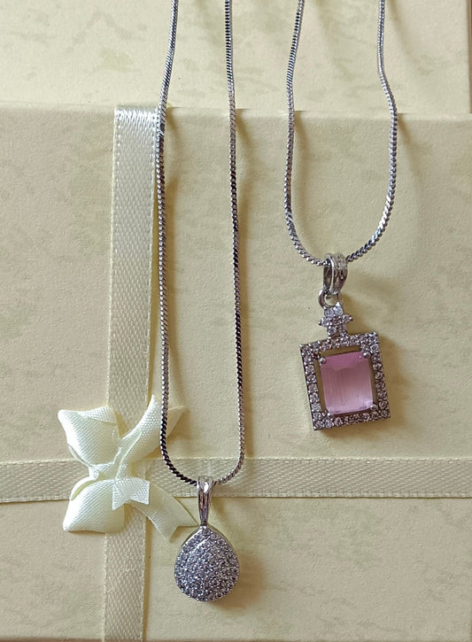 Pack of 2 Pendant Chains with 1 Silver Plated AD Studded Pink Pendant and 1 Diamond Tear Drop Shaped Pendant Chain