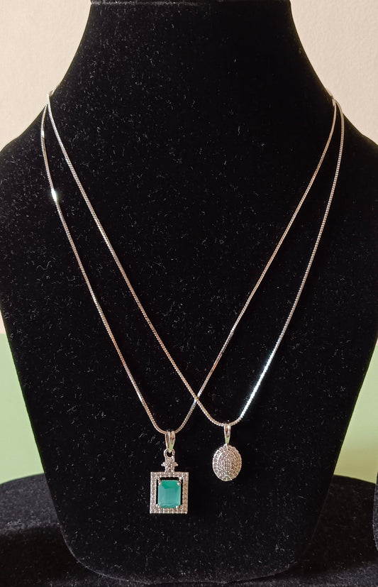 Pack of 2 Pendant Chains with 1 Silver Plated AD Studded Mint Green Pendant and 1 Diamond Oval Shaped Pendant Chain