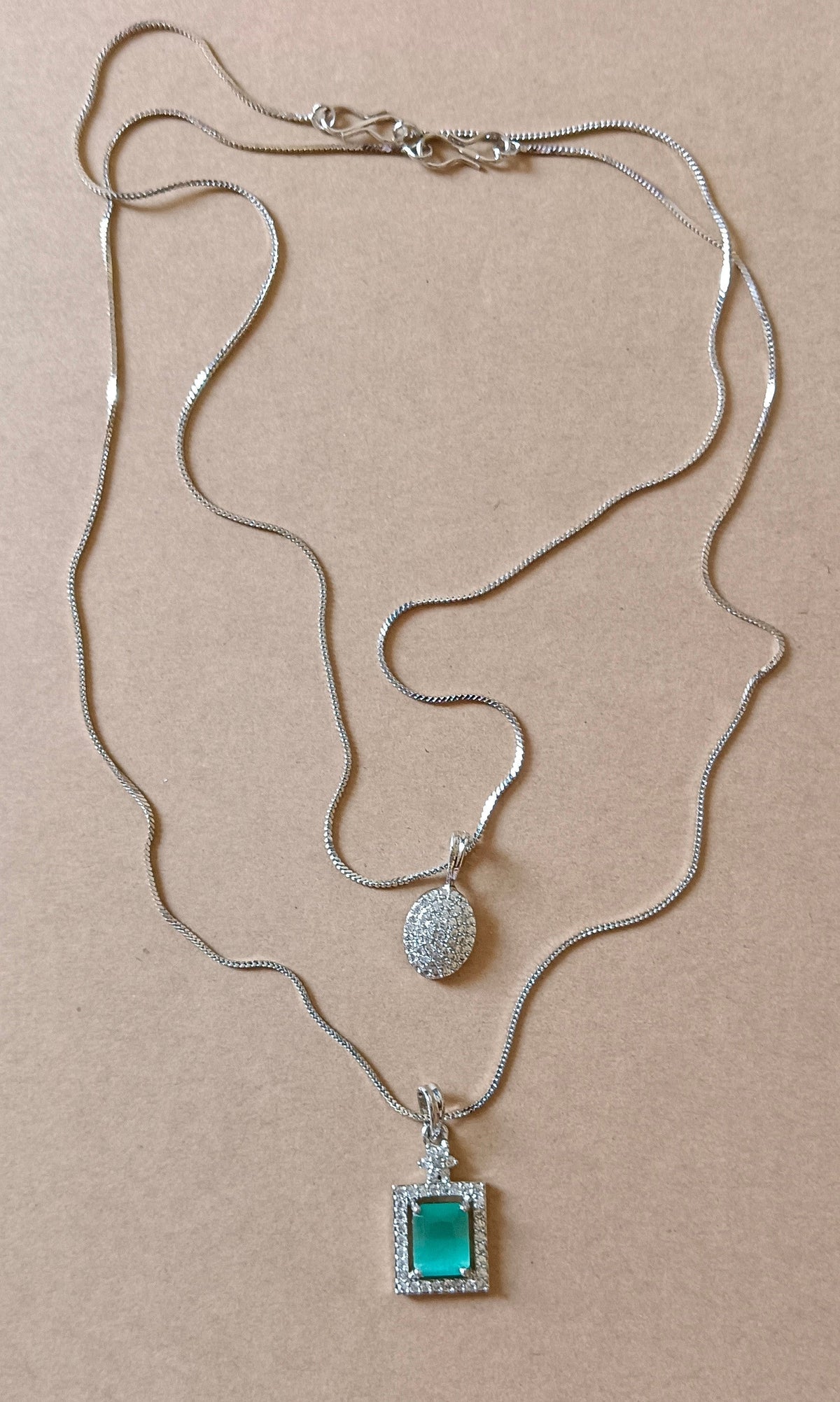 Pack of 2 Pendant Chains with 1 Silver Plated AD Studded Mint Green Pendant and 1 Diamond Oval Shaped Pendant Chain