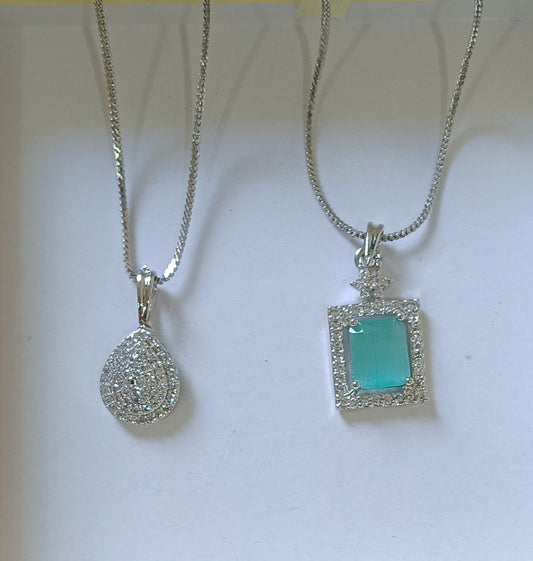 Pack of 2 Pendant Chains with 1 Silver Plated AD Studded Mint Green Pendant and 1 Diamond Tear Drop Shaped Pendant Chain