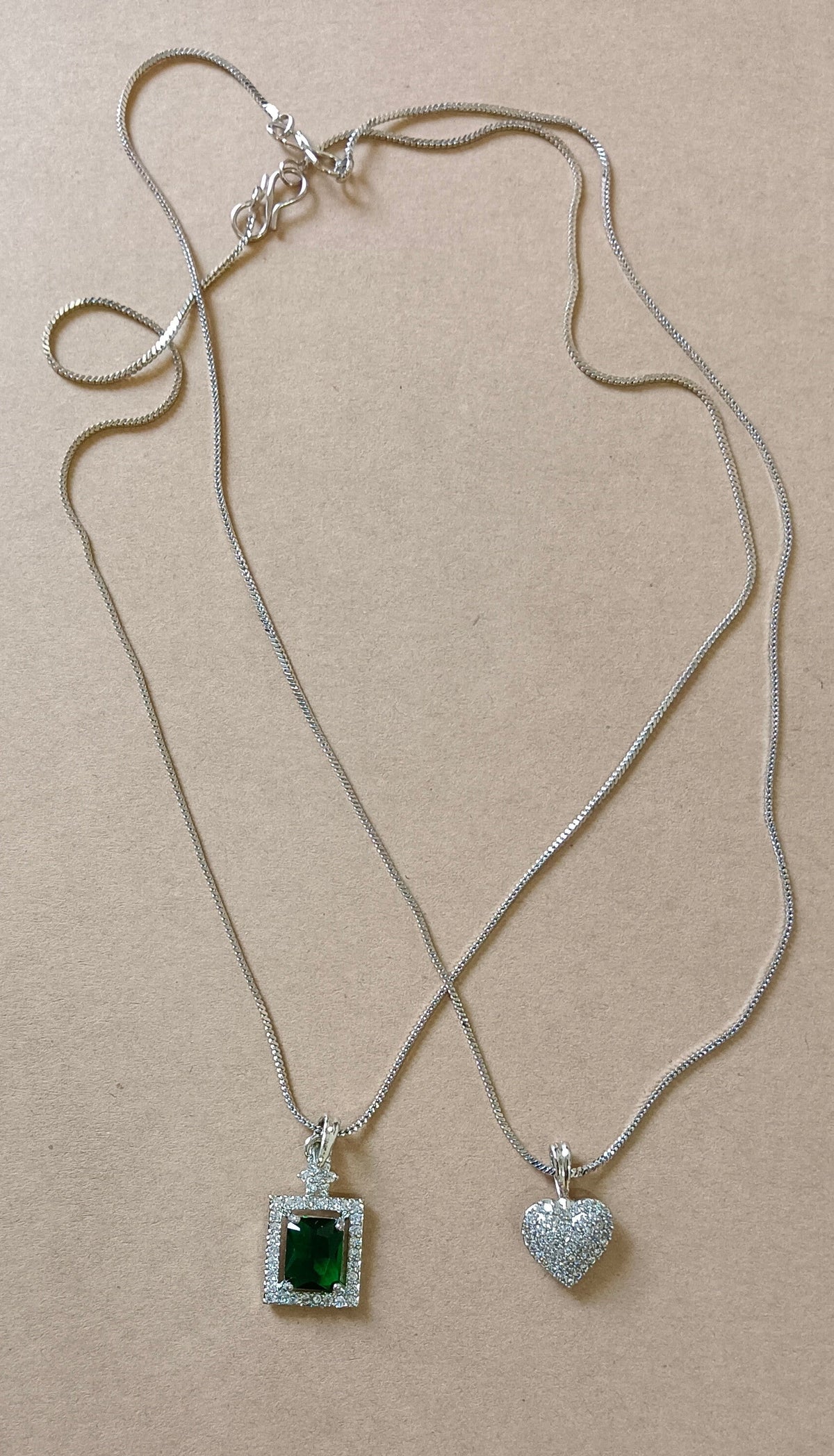 Pack of 2 Pendant Chains with 1 Silver Plated AD Studded Green Pendant and 1 Diamond Heart Shaped Pendant Chain