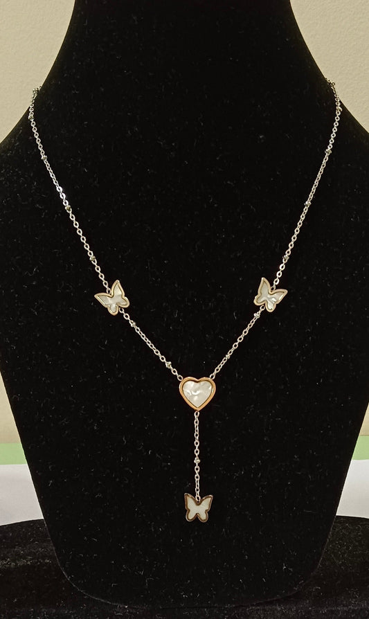 Butterfly Charms With Faux Pearl Stainless Steel Necklace