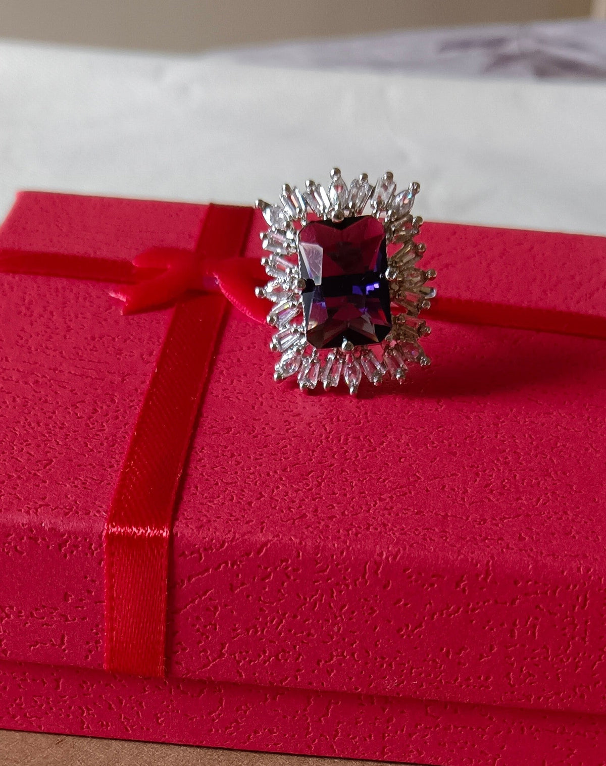 Silver-Plated Brass Purple Onyx and CZ American Diamond Adjustable Ring