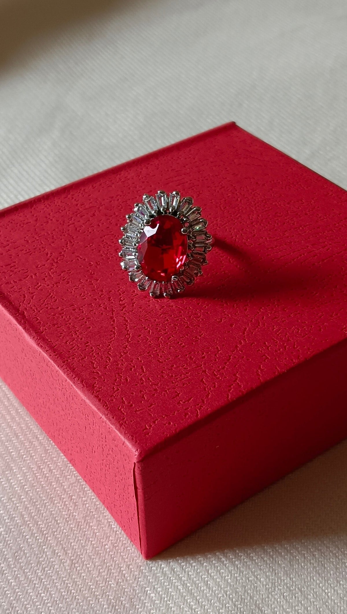 Silver-Plated Brass Red Oval Stone and CZ American Diamond Adjustable Ring