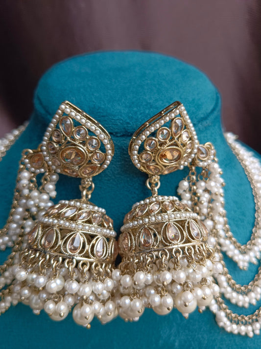 Golden Bahubali Kundan Studded Three Layer Kanchain with White Beads