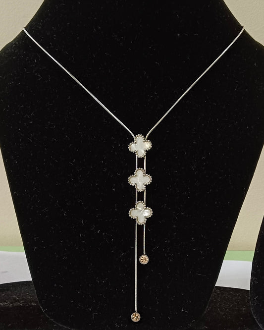 White Clover Shaped Silver Toned Y Stainless Steel Necklace