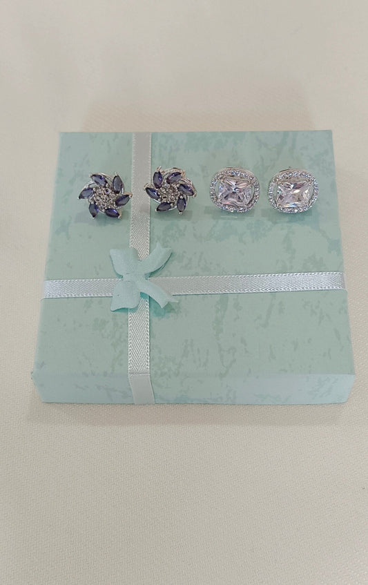 Pack of 2 Stud AD Earrings with White Gold plating Purple floral cluster Stud and White square cut silver toned Stud