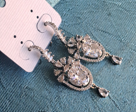 Silver Cz American Diamond Teardrop Hanging Earrings