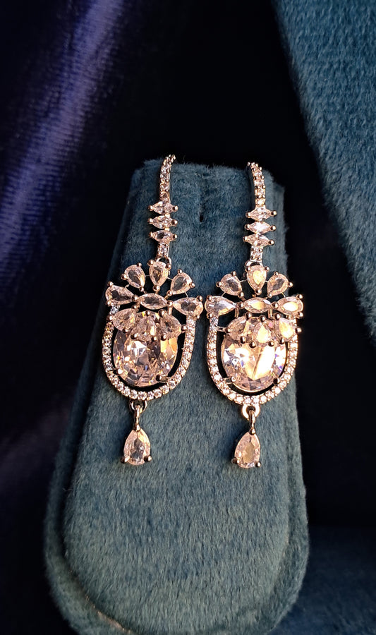 Silver Cz American Diamond Teardrop Hanging Earrings