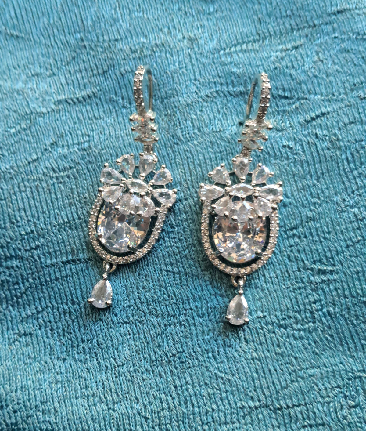 Silver Cz American Diamond Teardrop Hanging Earrings