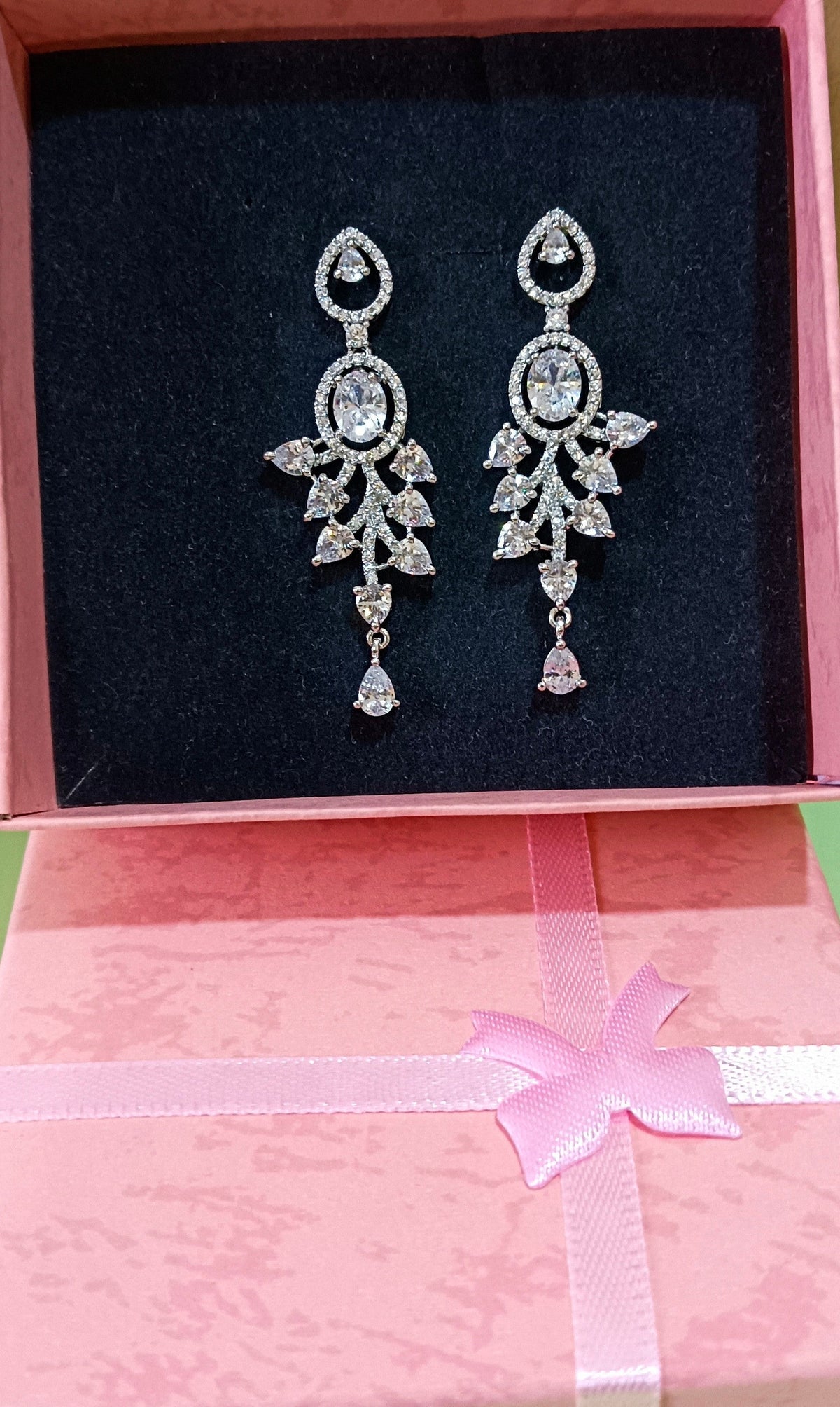Silver Cz Teardrop Crystal Chandelier American Diamond Earrings