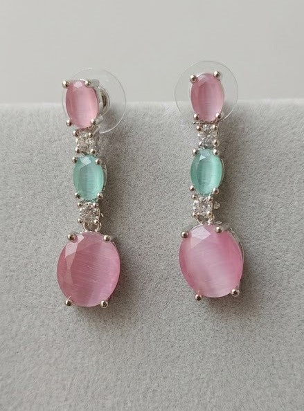 Pink and Mint Green Drop Shaped American Diamond Triple Stone Dangler Earrings