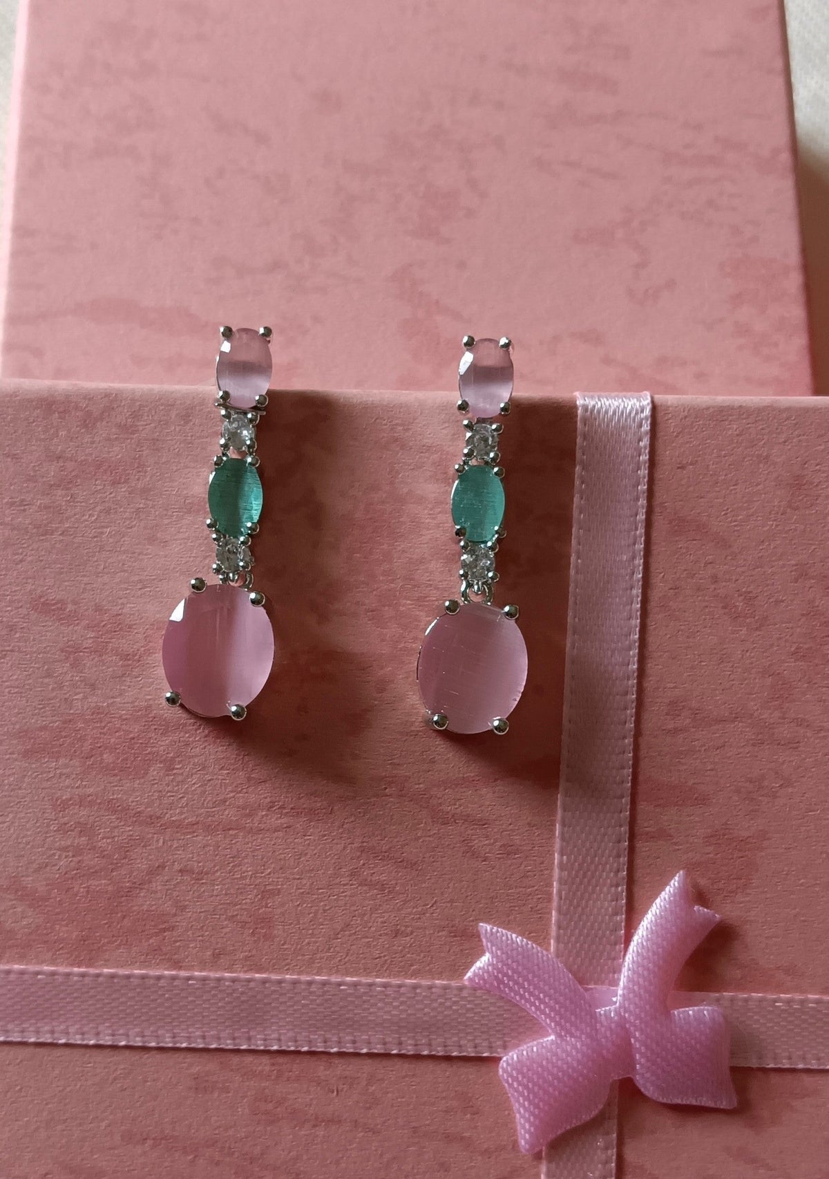 Pink and Mint Green Drop Shaped American Diamond Triple Stone Dangler Earrings