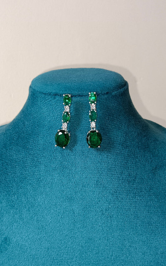 Green Drop Shaped American Diamond Triple Stone Dangler Earrings