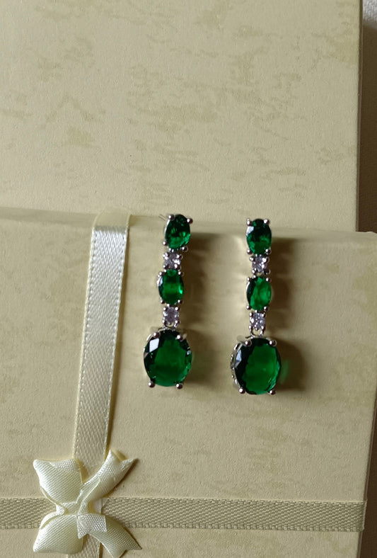 Green Drop Shaped American Diamond Triple Stone Dangler Earrings