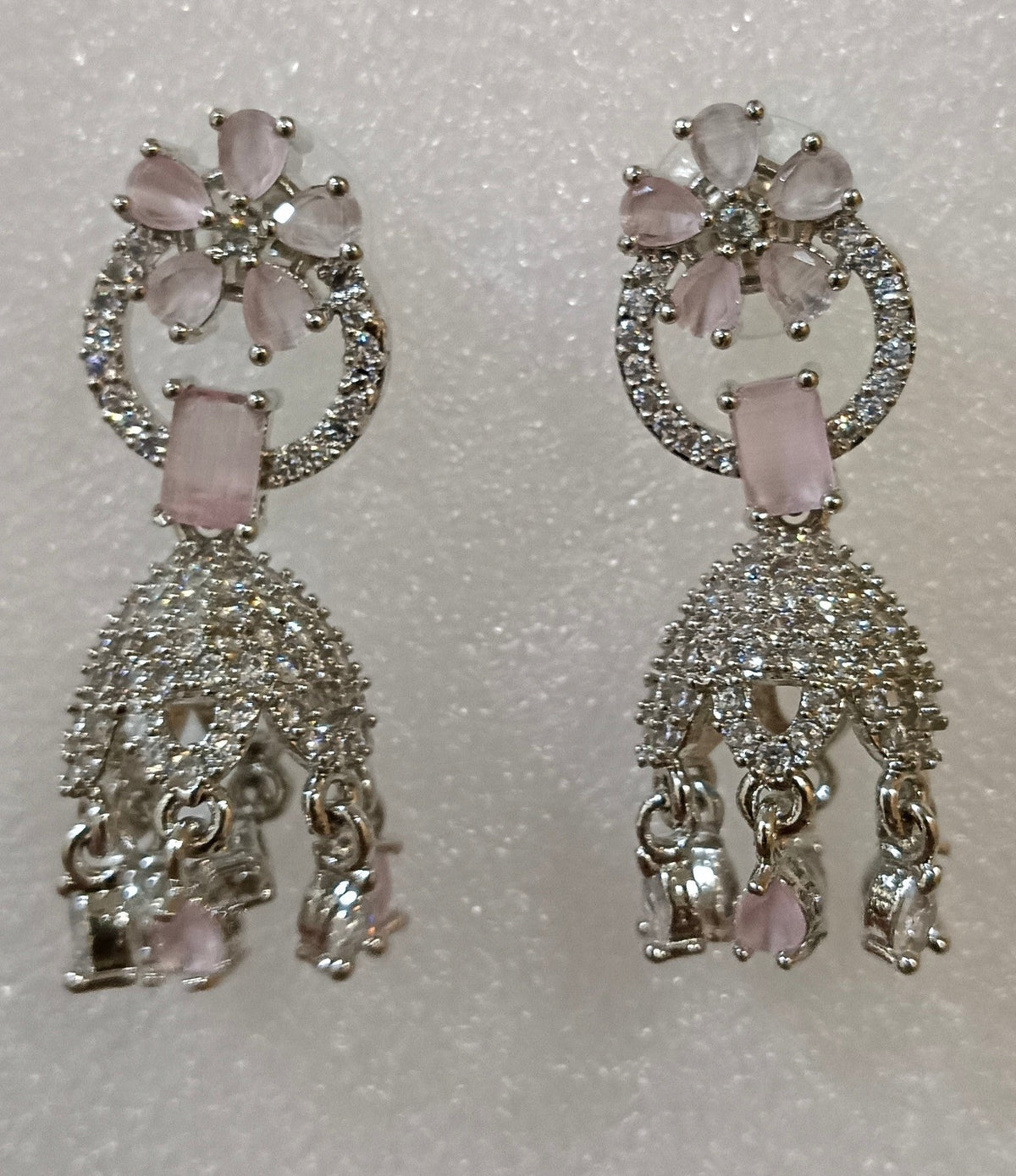 Silver Plated AD Jhumka with Pink Studded Stone Earrings