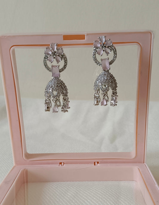 Silver Plated AD Jhumka with Pink Studded Stone Earrings