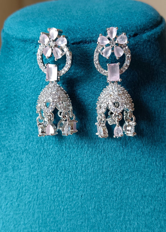 Silver Plated AD Jhumka with Pink Studded Stone Earrings