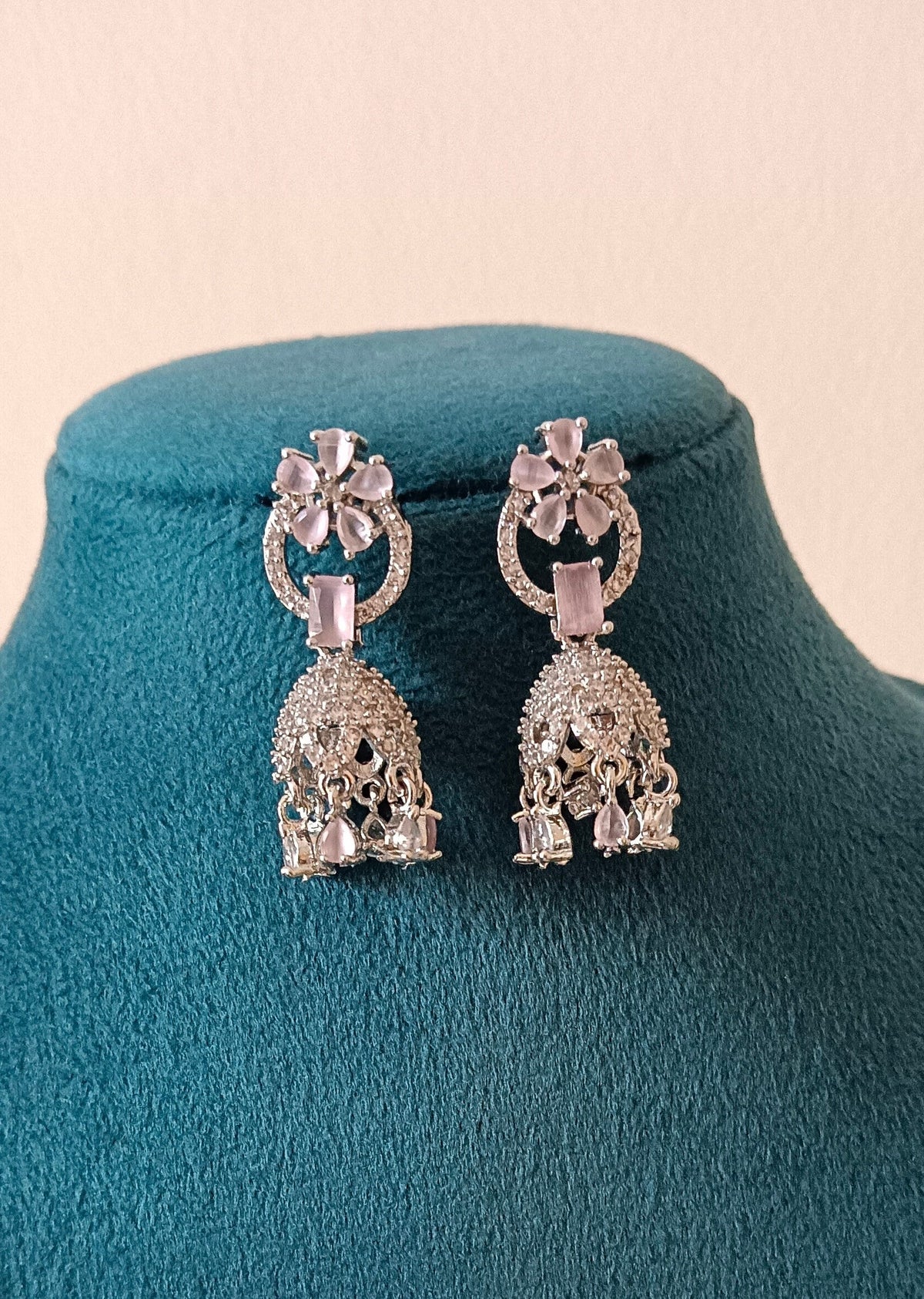 Silver Plated AD Jhumka with Pink Studded Stone Earrings