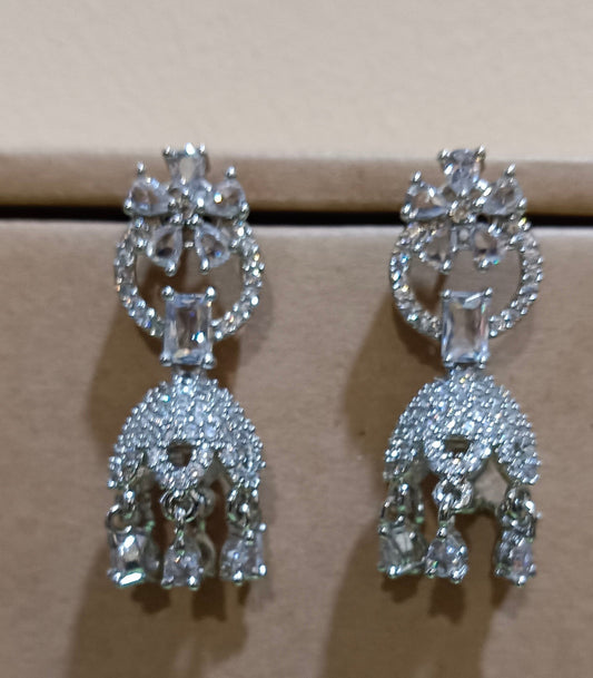 Silver Plated AD Jhumka with White Studded Stone Earrings