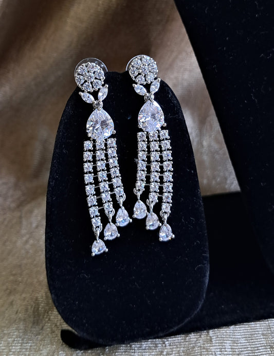 Silver Plated American Diamond Dangler White Stone Earrings